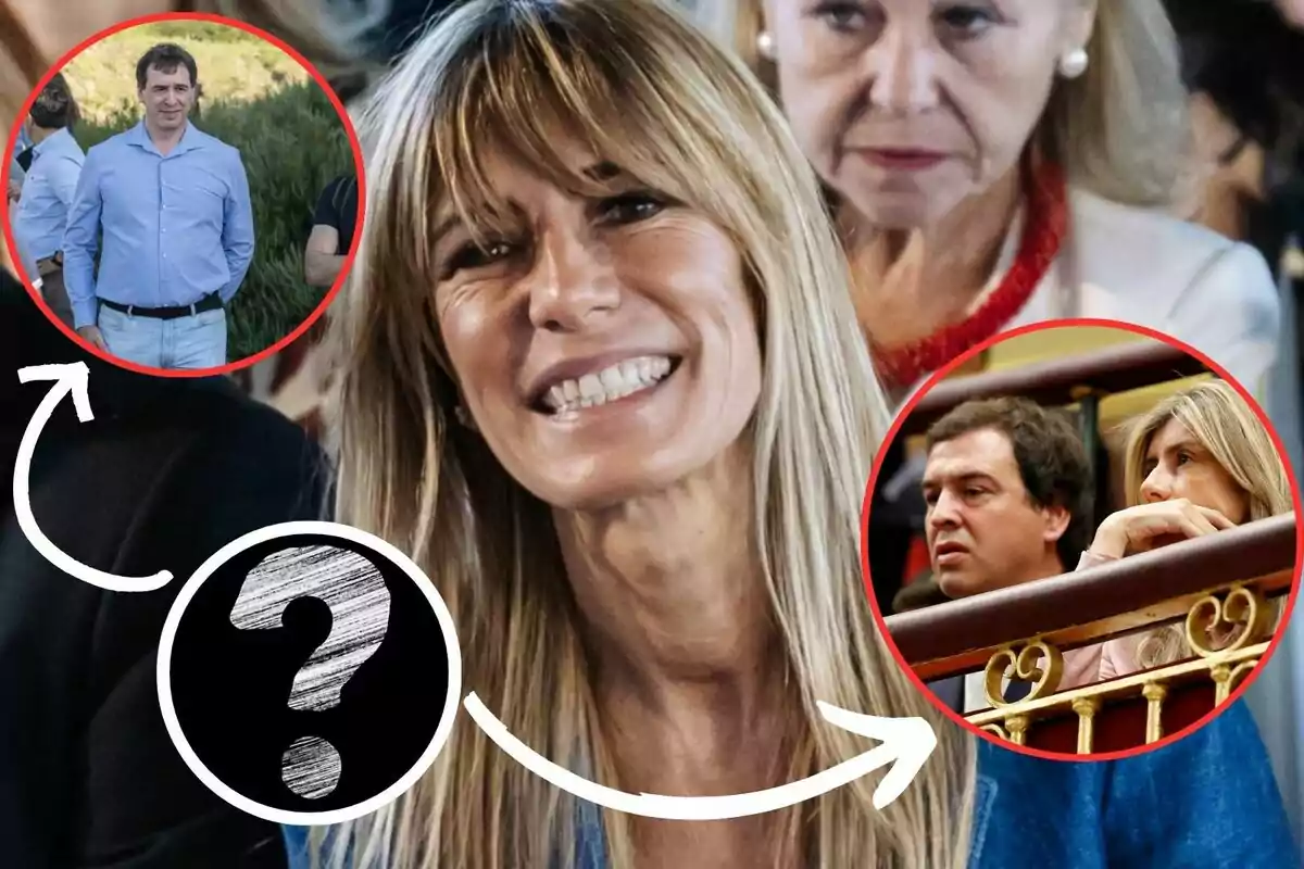 Una mujer sonriente en primer plano con tres círculos rojos alrededor que contienen imágenes de otras personas, conectados por flechas blancas y un círculo negro con un signo de interrogación en el centro.