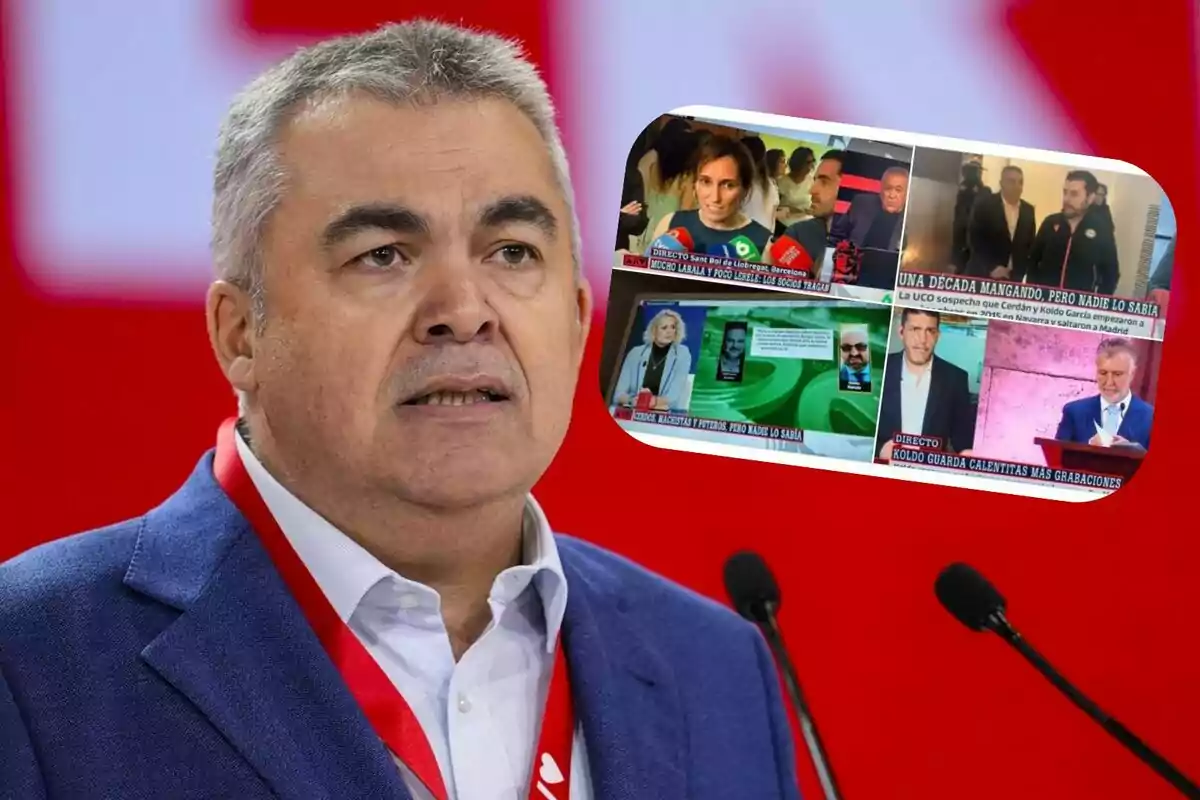 Hombre de cabello canoso y saco azul hablando frente a micrófonos con fondo rojo y un collage de imágenes de noticias en la esquina superior derecha