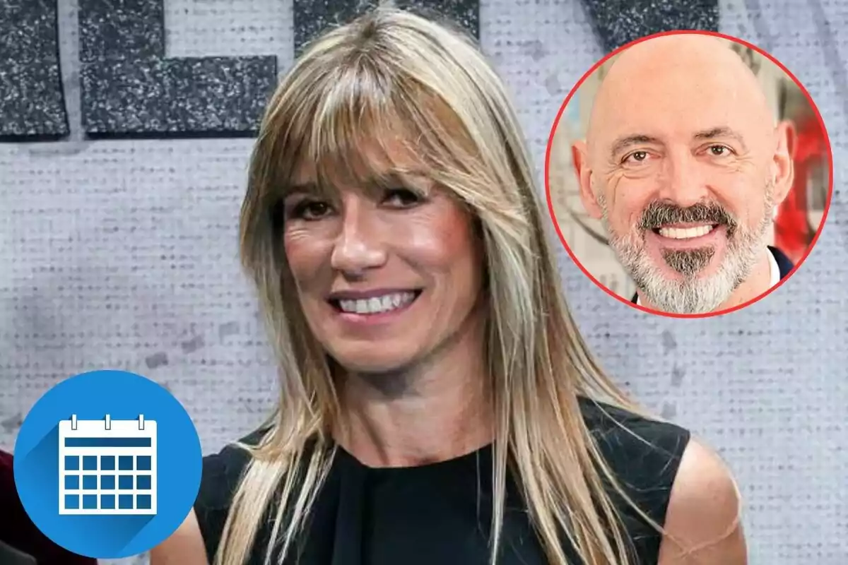 Una mujer rubia sonriente con un hombre calvo y barbudo en un círculo rojo en la esquina superior derecha y un icono de calendario azul en la esquina inferior izquierda.