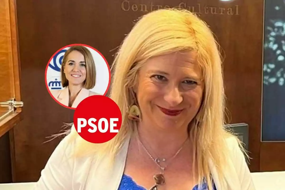 Mujer rubia sonriente en primer plano con un círculo que muestra a otra mujer y el logo del PSOE