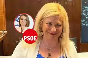 Mujer rubia sonriente en primer plano con un círculo que muestra a otra mujer y el logo del PSOE