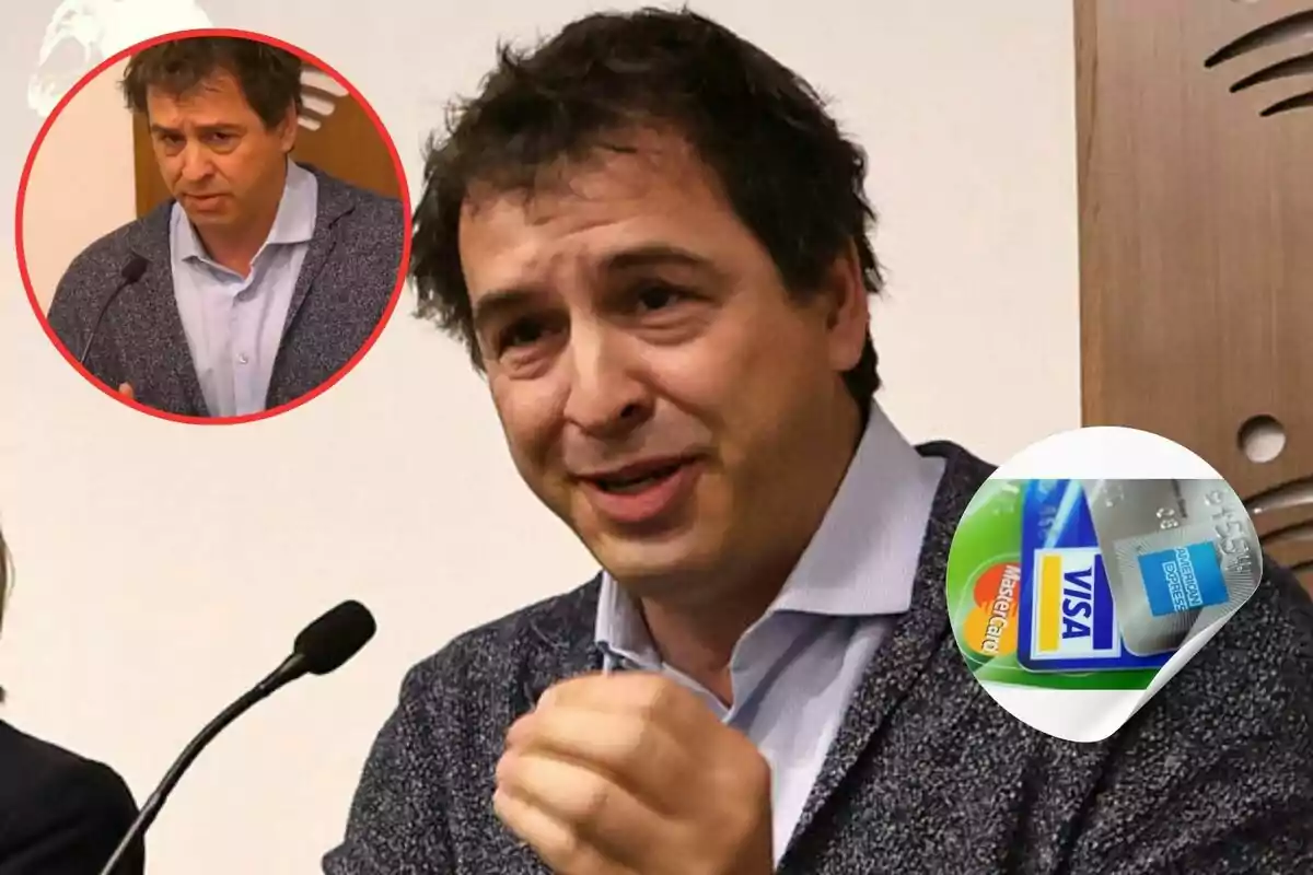 Hombre hablando en una conferencia con una imagen insertada de él mismo en la esquina superior izquierda y una imagen de tarjetas de crédito en la esquina inferior derecha.