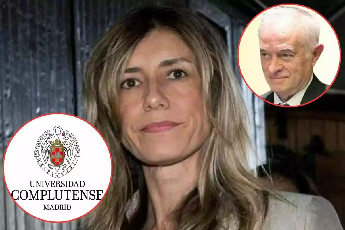 Una mujer con cabello largo y rubio aparece en primer plano, con el logo de la Universidad Complutense de Madrid y la imagen de un hombre mayor en círculos rojos superpuestos.