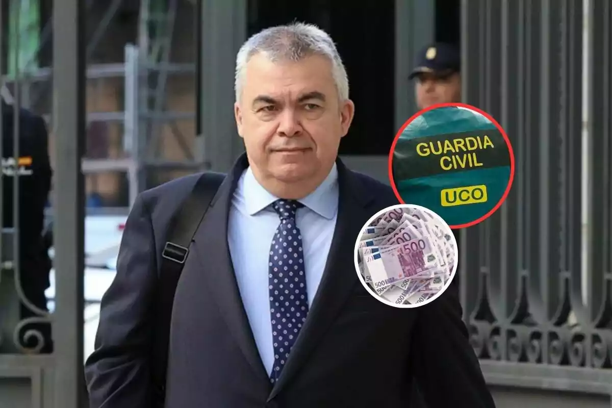 Hombre de traje caminando con dos círculos superpuestos que muestran un chaleco de la Guardia Civil y varios billetes de 500 euros