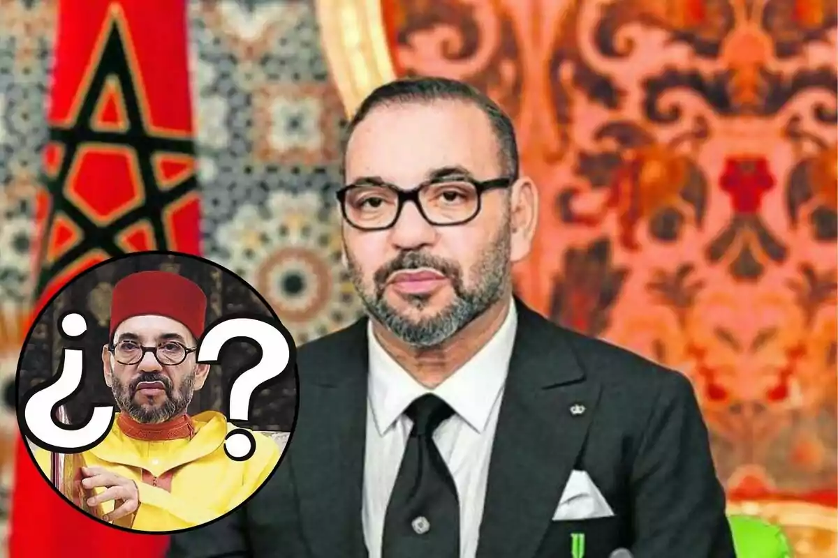 Un hombre con gafas y barba, vestido con traje y corbata, con un fondo decorativo y una bandera con una estrella roja detrás, y un círculo con una imagen de él mismo vestido con ropa tradicional y un signo de interrogación.