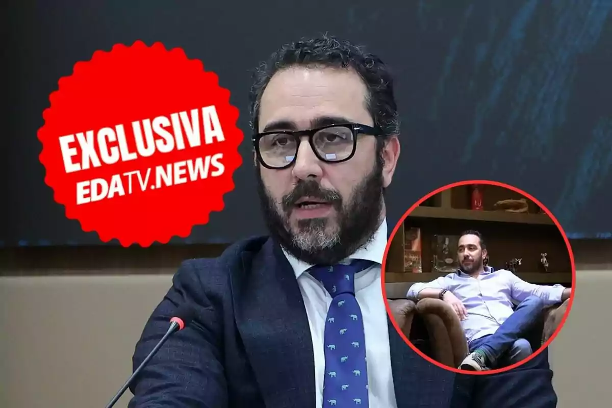 Un hombre con barba y gafas en una conferencia, con un sello rojo de "Exclusiva EDATV.News" y un recuadro que muestra al mismo hombre sentado en un sofá.