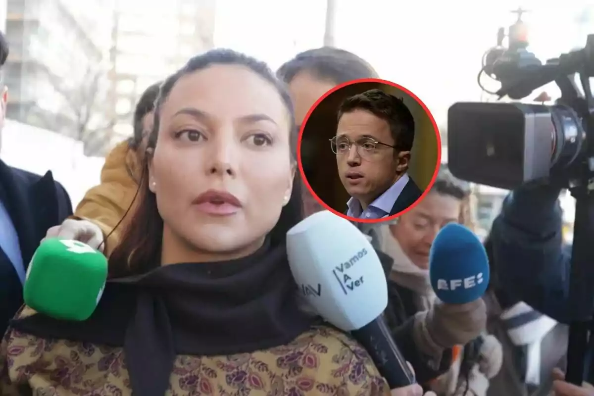 A woman surrounded by press microphones while being interviewed by journalists with an image of a man in a red circle overlaid in the upper right corner.