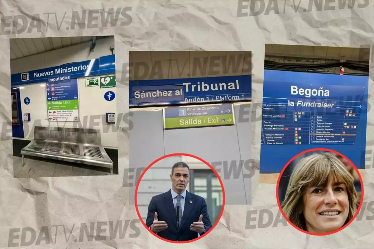 La imagen muestra tres carteles de metro editados humorísticamente con nombres como "Nuevos Ministerios Imputados", "Sánchez al Tribunal" y "Begoña la Fundraiser", junto a fotos de dos personas en círculos rojos.