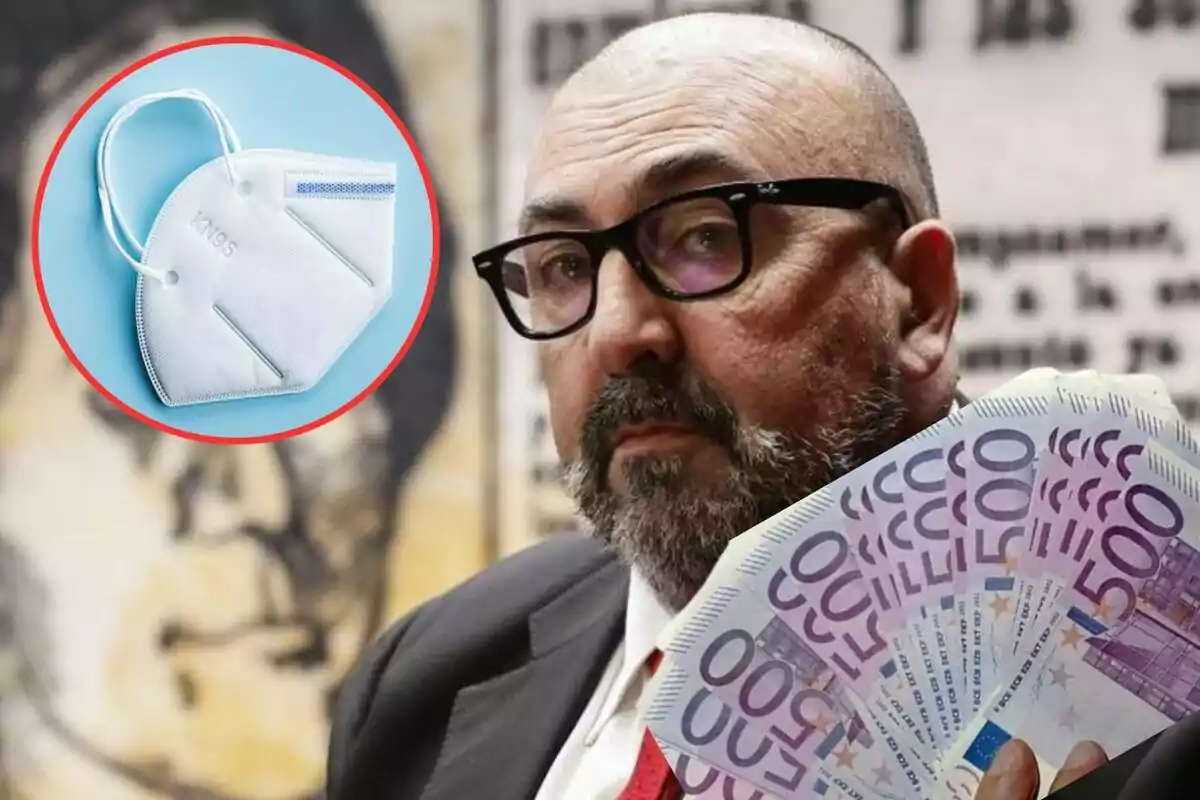 Un hombre con gafas sostiene varios billetes de 500 euros mientras una imagen de una mascarilla KN95 aparece en un círculo rojo a su izquierda.