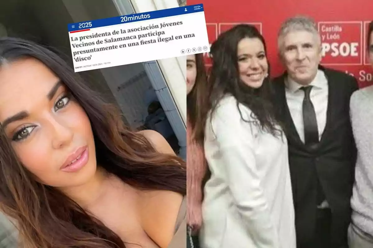 A composite image shows a woman with long hair and makeup, alongside a clipping from a 20minutos news article about a president of an association in Salamanca, and a group photo with a red PSOE background.