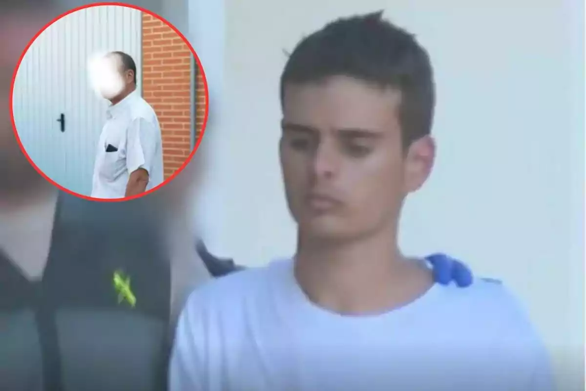 Un joven es escoltado por un agente de la Guardia Civil, mientras que en un recuadro se muestra a un hombre con el rostro difuminado.