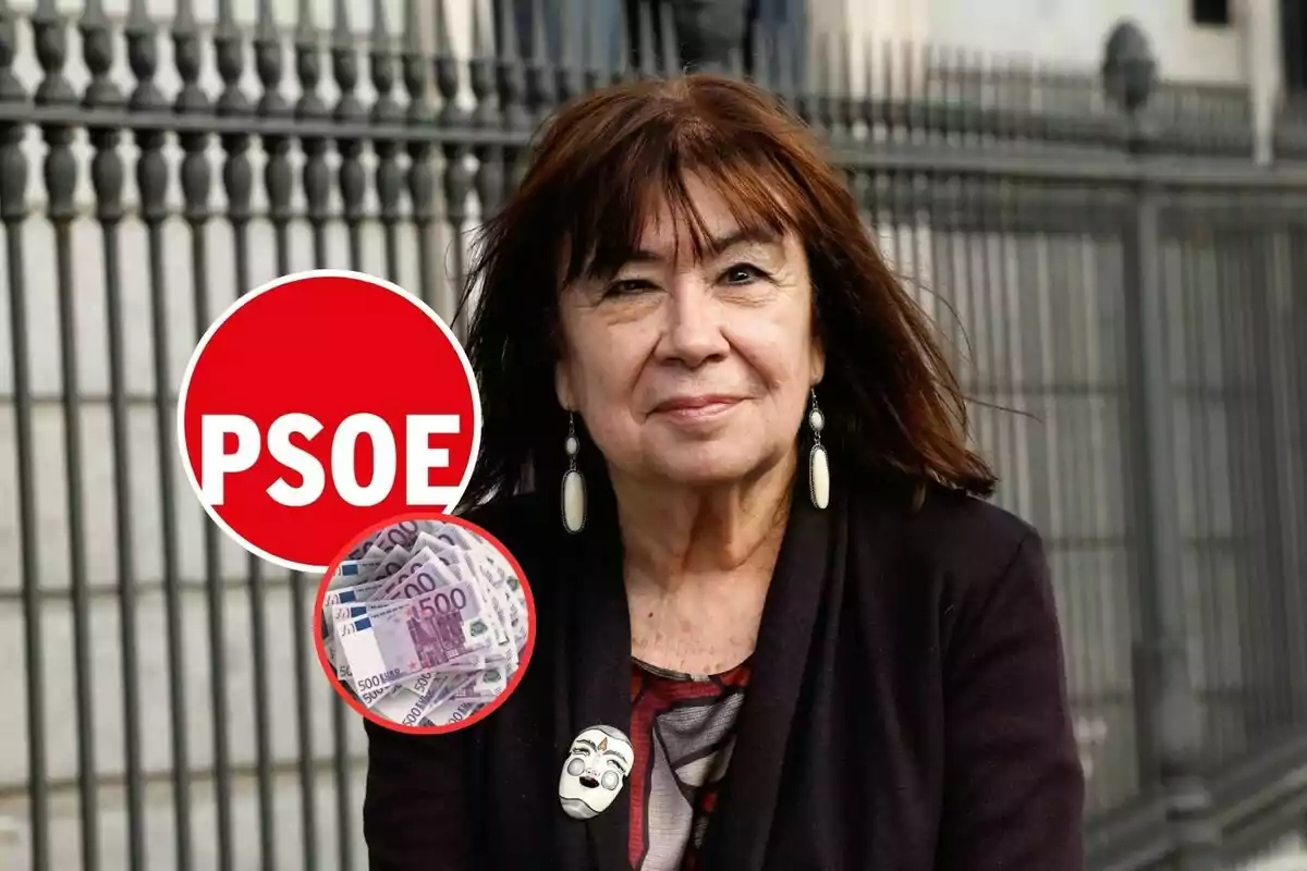 Mujer de cabello castaño oscuro con chaqueta negra y pendientes claros posando frente a una reja, junto a un círculo rojo con el texto PSOE y otro círculo con billetes de euro