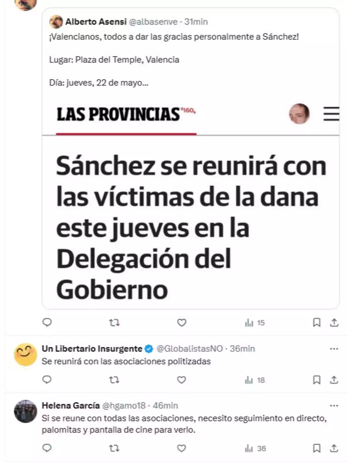 Una captura de pantalla de Twitter muestra un tuit de Alberto Asensi invitando a los valencianos a agradecer personalmente a Sánchez en la Plaza del Temple, Valencia, el jueves 22 de mayo. Debajo, un titular de Una captura de pantalla de Twitter muestra un tuit de Alberto Asensi invitando a los valencianos a agradecer personalmente a Sánchez en la Plaza del Temple, Valencia, el jueves 22 de mayo. Debajo, un titular de
