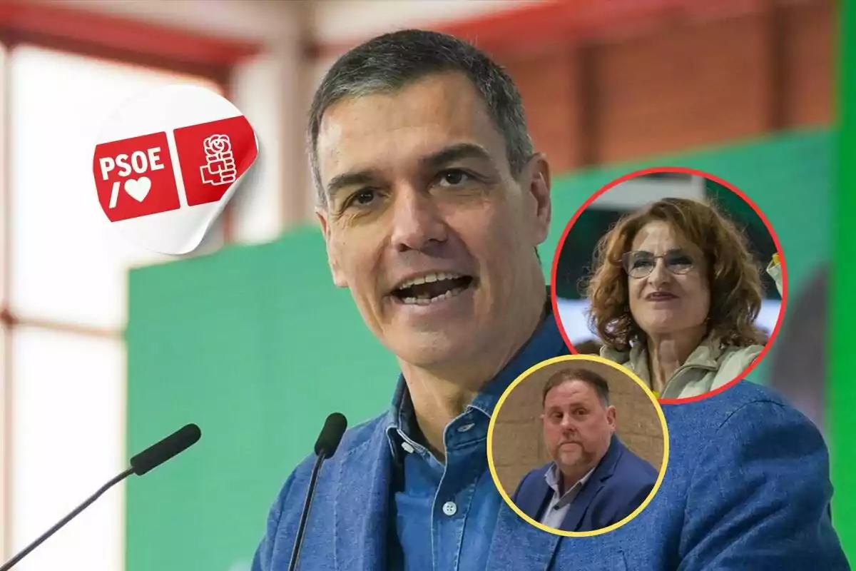 Un hombre hablando en un micrófono con un logotipo del PSOE a su lado y dos personas en círculos superpuestos.