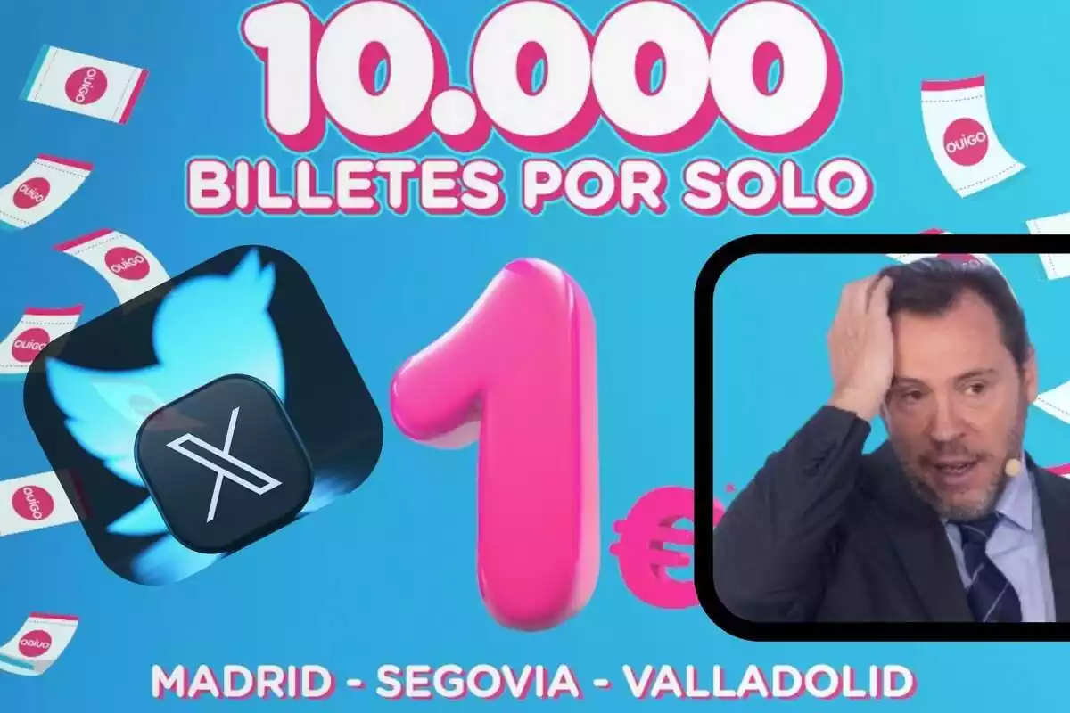 Collage de Óscar Puente junto al anuncio Oigo de 10.000 billetes a 1 euros y el logo de Twitter