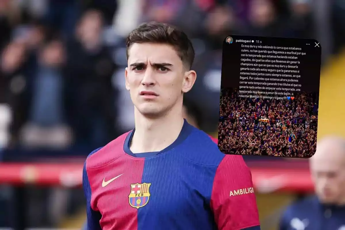 Un jugador de fútbol con el uniforme del FC Barcelona está en el campo, con una publicación de redes sociales superpuesta en la esquina superior derecha.