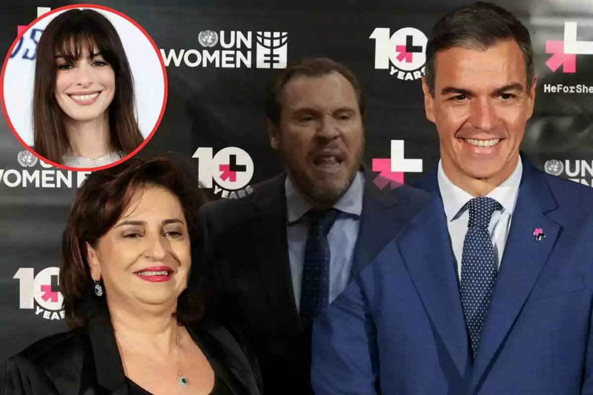 Una imagen de un evento de UN Women con tres personas en primer plano y una imagen insertada de una mujer sonriendo en la esquina superior izquierda.