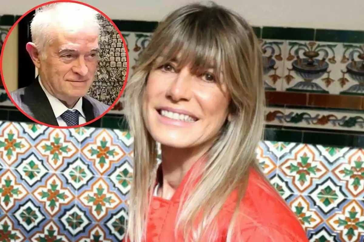 Una mujer sonriente con cabello rubio y flequillo posa frente a un fondo de azulejos coloridos, con un recuadro que muestra a un hombre mayor de cabello blanco.