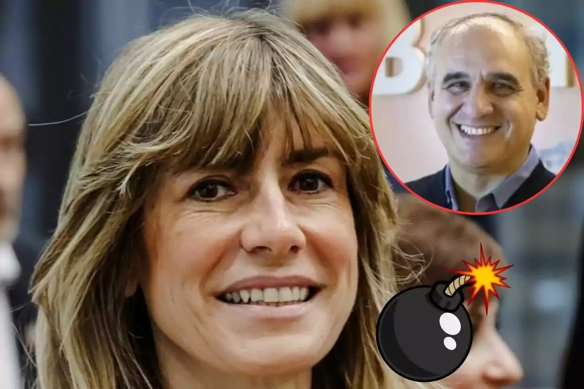 Una mujer sonriente en primer plano con la imagen de un hombre sonriente en un círculo rojo en la esquina superior derecha y un dibujo de una bomba en la esquina inferior derecha.