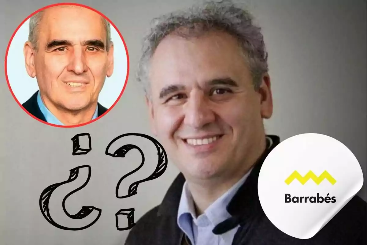 Dos hombres sonrientes, uno en un círculo rojo y otro en primer plano, con signos de interrogación y el logo de Barrabés.