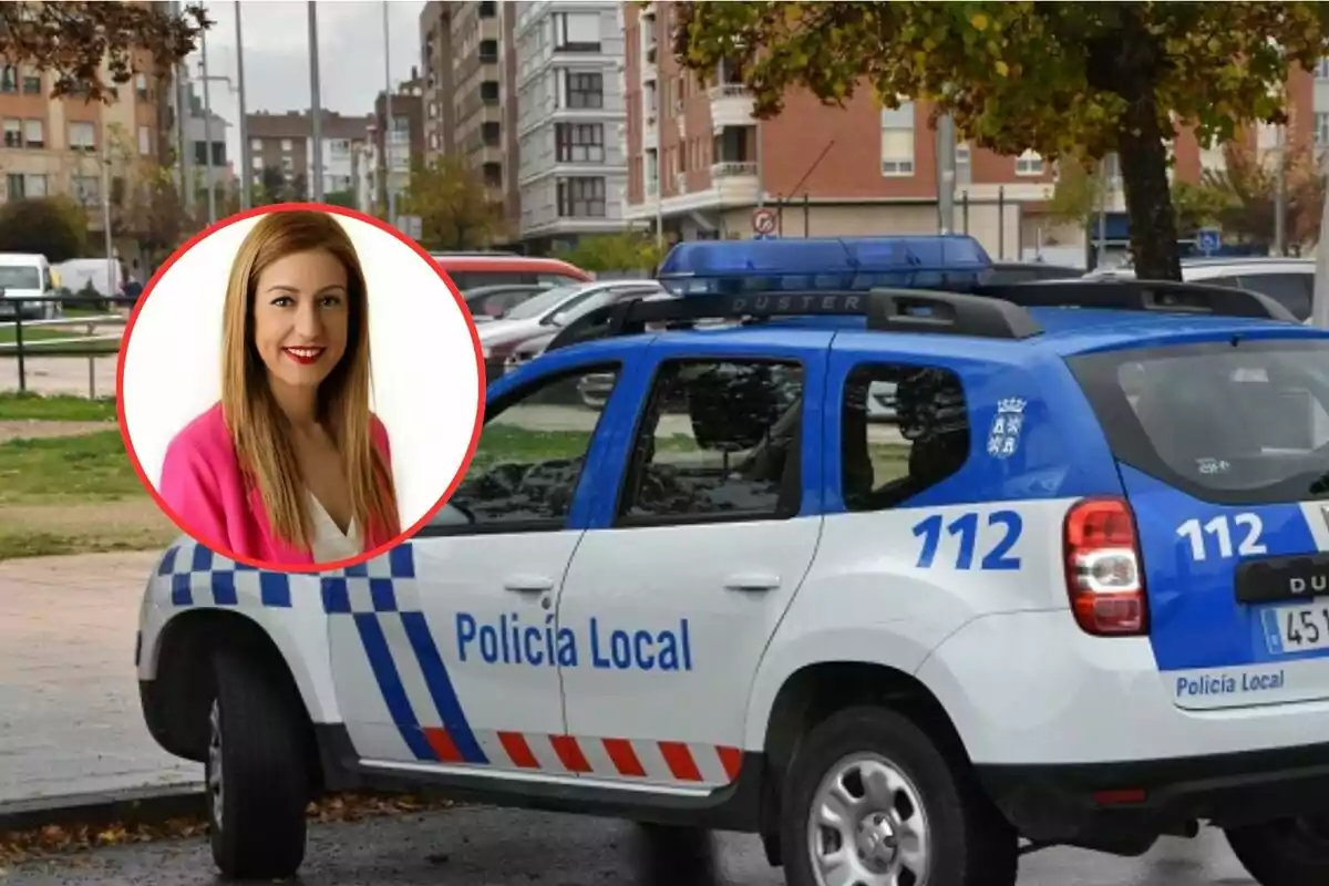 Una mujer en un recuadro circular sobre una imagen de un coche de la Policía Local estacionado en una calle urbana.