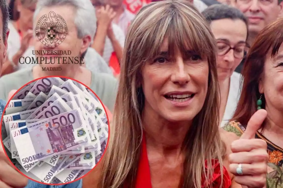 Mujer sonriendo con pulgar hacia arriba, logo de la Universidad Complutense de Madrid y billetes de 500 euros.