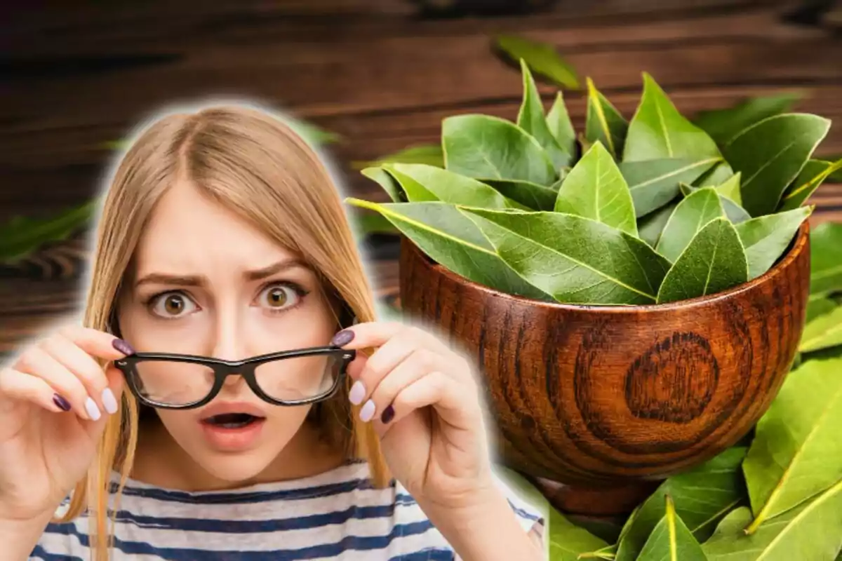 Mujer sorprendida y un cuenco con laurel