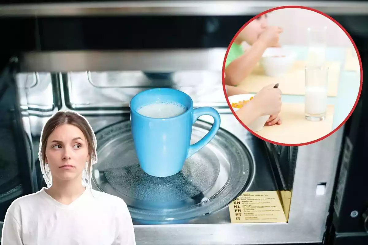 Imagen de fondo de un microondas con una taza de leche dentro junto a otra de dos niños desayunando un vaso de leche y otra de una mujer con cara de sospecha