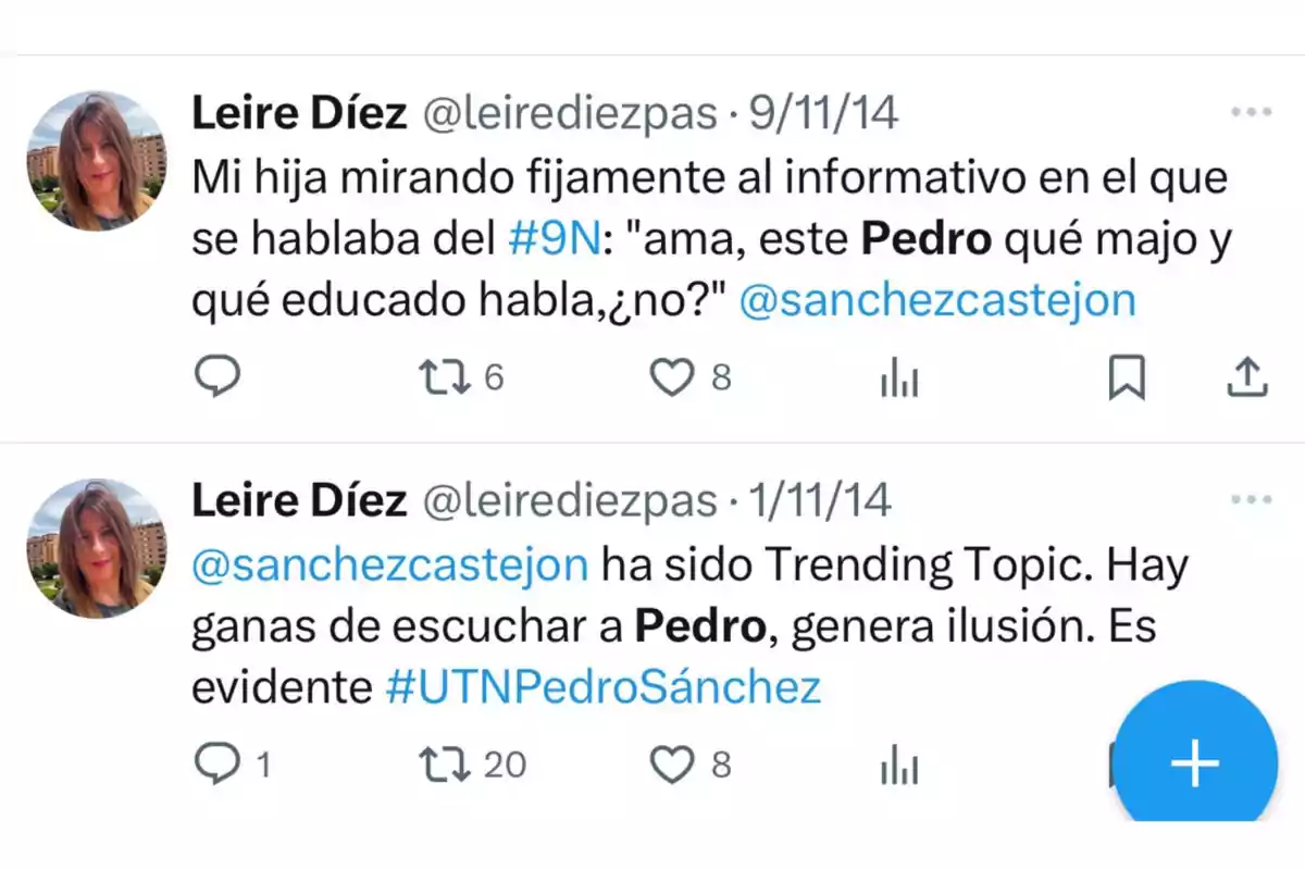 Captura de pantalla de dos tuits de Leire Díez en los que menciona a Pedro Sánchez y comenta sobre la buena impresión que causa al hablar en televisión y su popularidad en redes sociales Captura de pantalla de dos tuits de Leire Díez en los que menciona a Pedro Sánchez y comenta sobre la buena impresión que causa al hablar en televisión y su popularidad en redes sociales