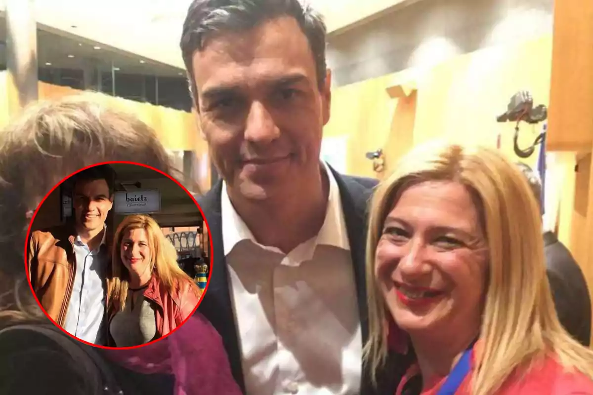 Tres personas posan para una foto en un interior bien iluminado, con una imagen circular superpuesta en la esquina que muestra a dos de ellas en otro momento.