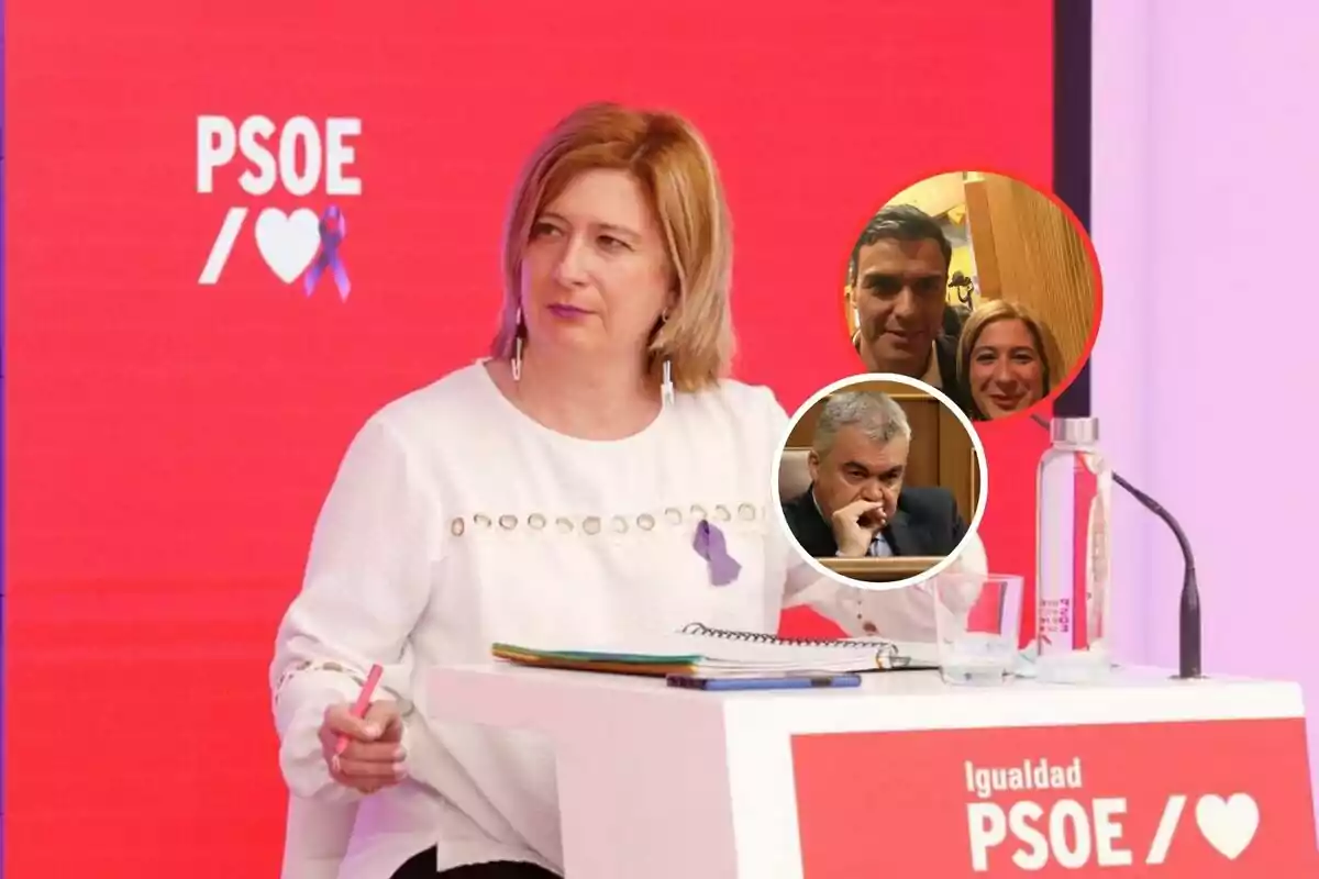 Mujer sentada en una mesa con fondo rojo y logotipo del PSOE, con dos recuadros circulares mostrando a dos hombres y una mujer en diferentes situaciones.