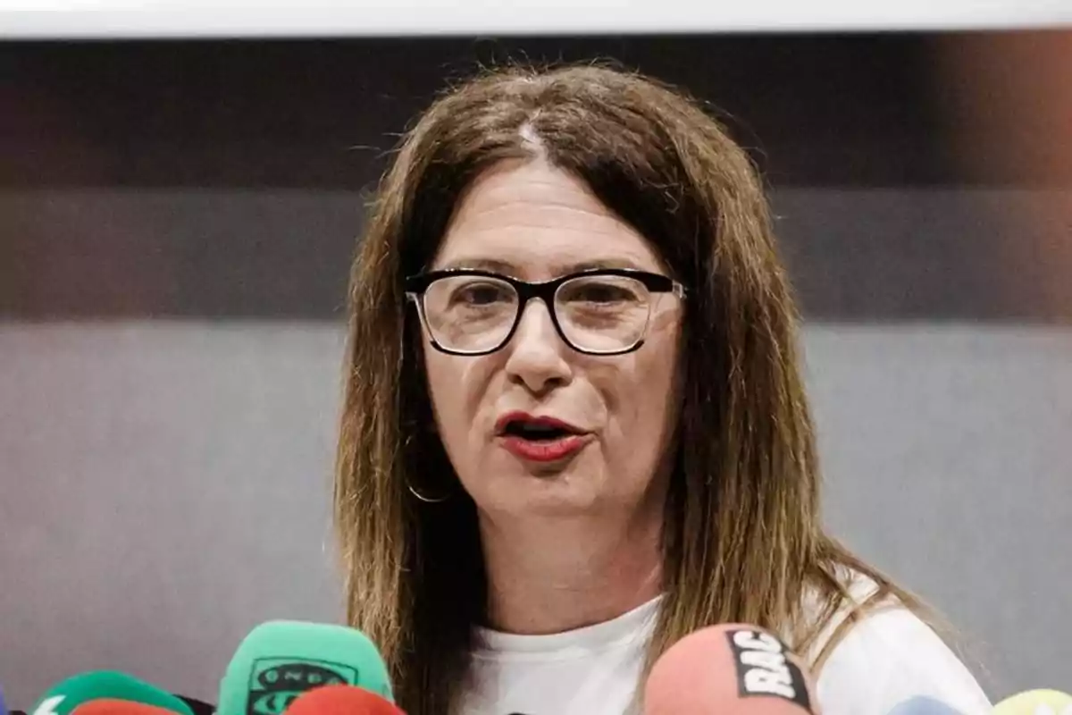 Mujer de cabello largo y gafas hablando frente a varios micrófonos en una rueda de prensa Mujer de cabello largo y gafas hablando frente a varios micrófonos en una rueda de prensa