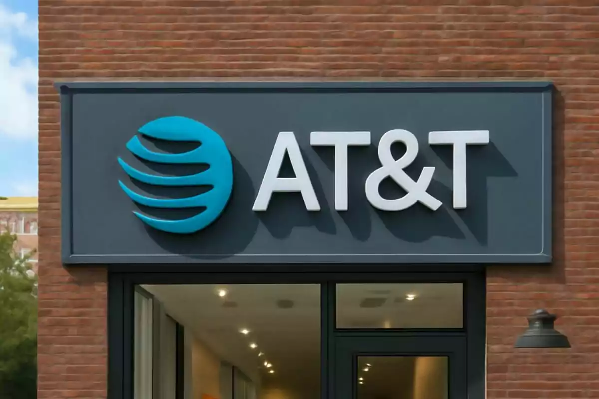 A store sign with the logo of a telecommunications company, which is AT&T, on a brick facade. A store sign with the logo of a telecommunications company, which is AT&T, on a brick facade.