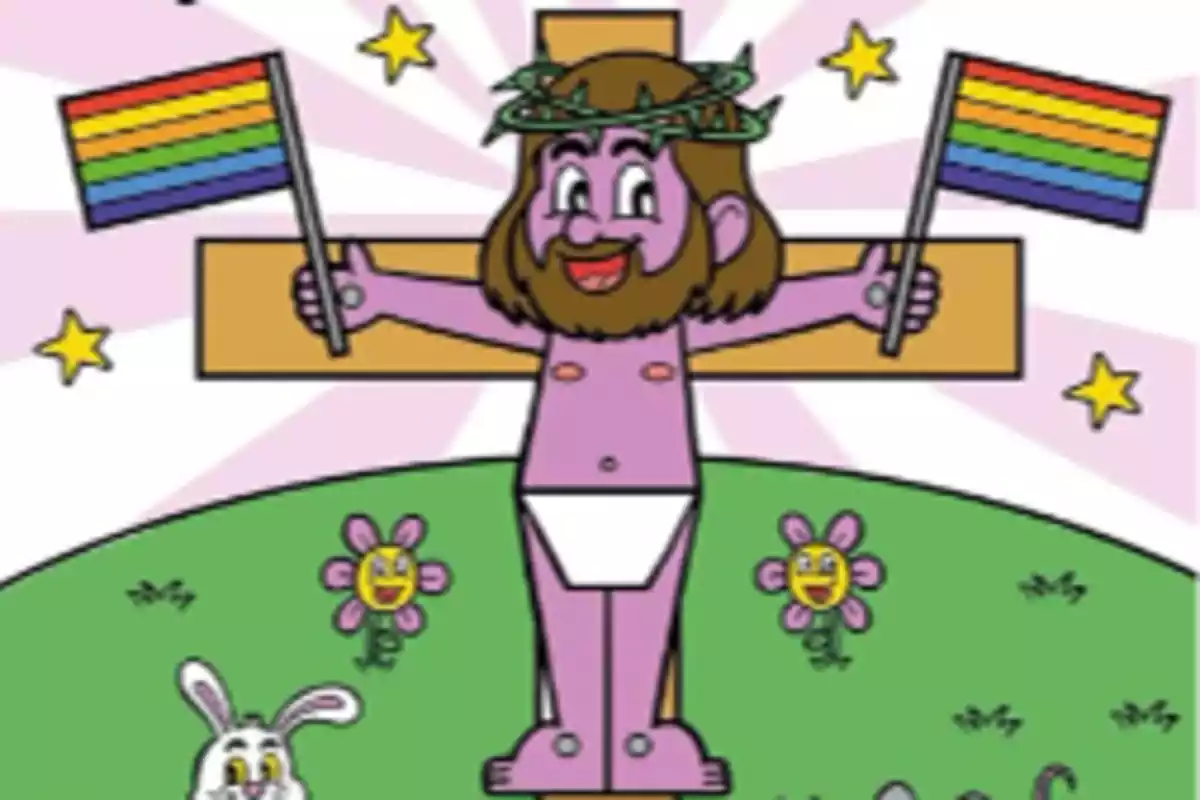Portada de un cuaderno infantil de actividades con imagen de un Cristo crucificado portando dos banderas del colectivo LGTBI y en el suelo, un conejo y un ratón