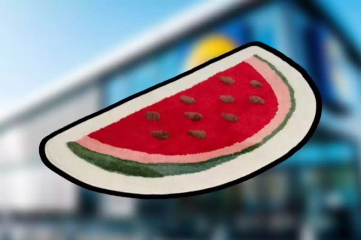 Alfombra con diseño de sandía sobre un fondo desenfocado de un edificio. Alfombra con diseño de sandía sobre un fondo desenfocado de un edificio.