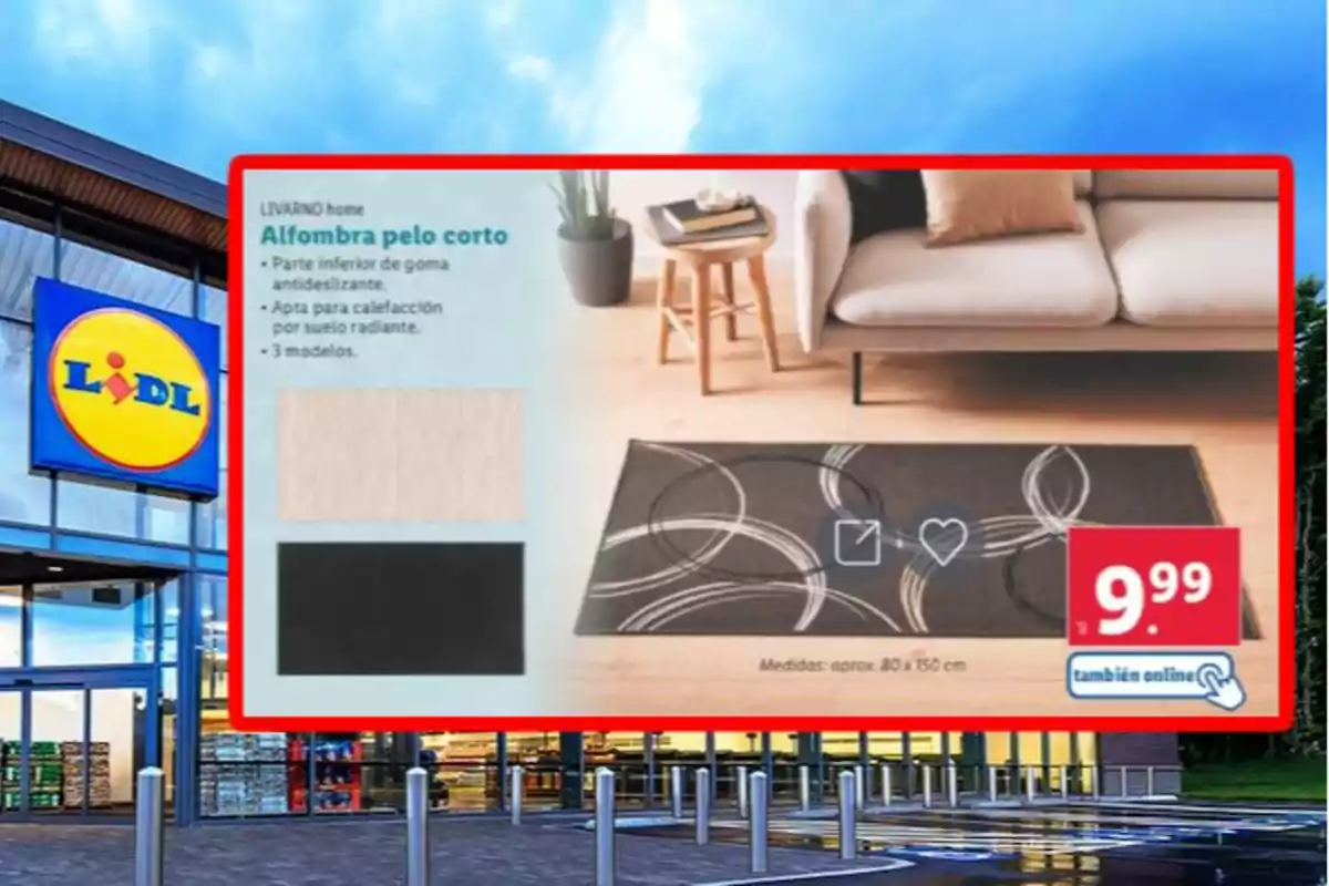 Promoción de alfombra de pelo corto en Lidl, disponible en tres modelos con parte inferior antideslizante y apta para calefacción por suelo radiante, a un precio de 9,99 euros. Promoción de alfombra de pelo corto en Lidl, disponible en tres modelos con parte inferior antideslizante y apta para calefacción por suelo radiante, a un precio de 9,99 euros.