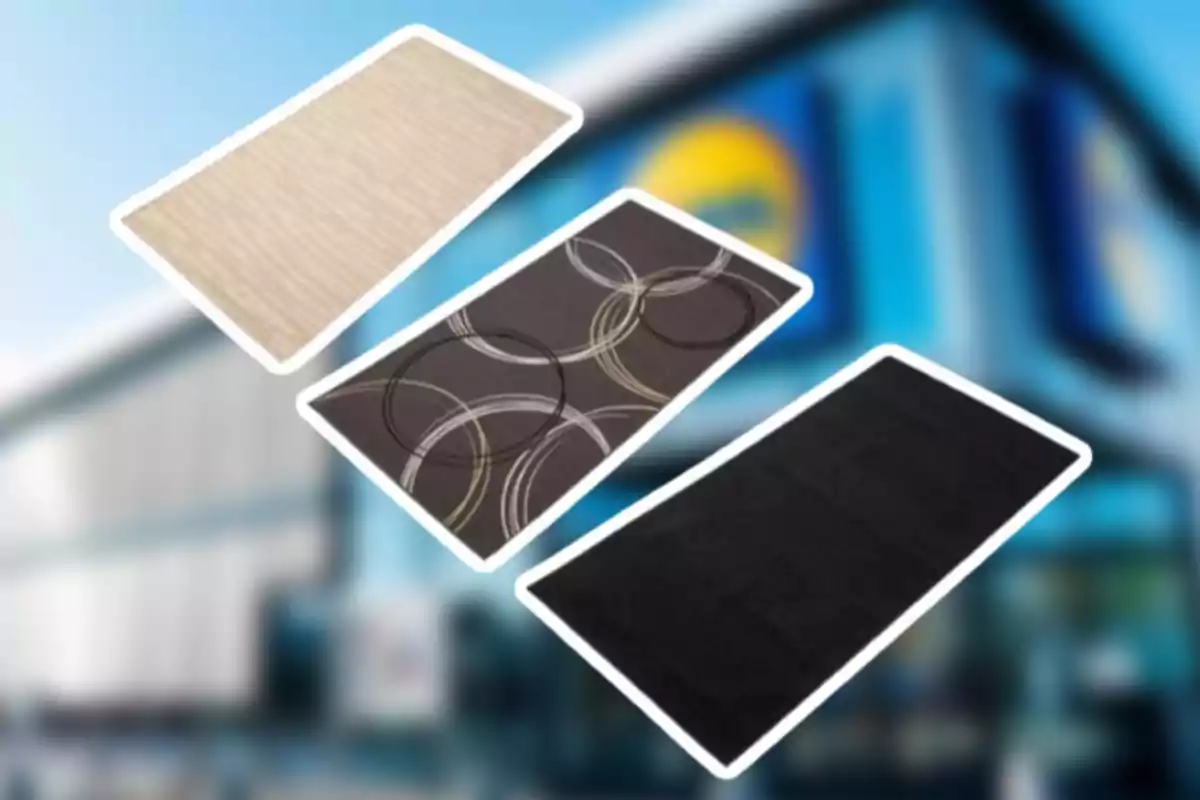 Tres alfombras rectangulares de diferentes diseños y colores sobre un fondo desenfocado de un edificio. Tres alfombras rectangulares de diferentes diseños y colores sobre un fondo desenfocado de un edificio.