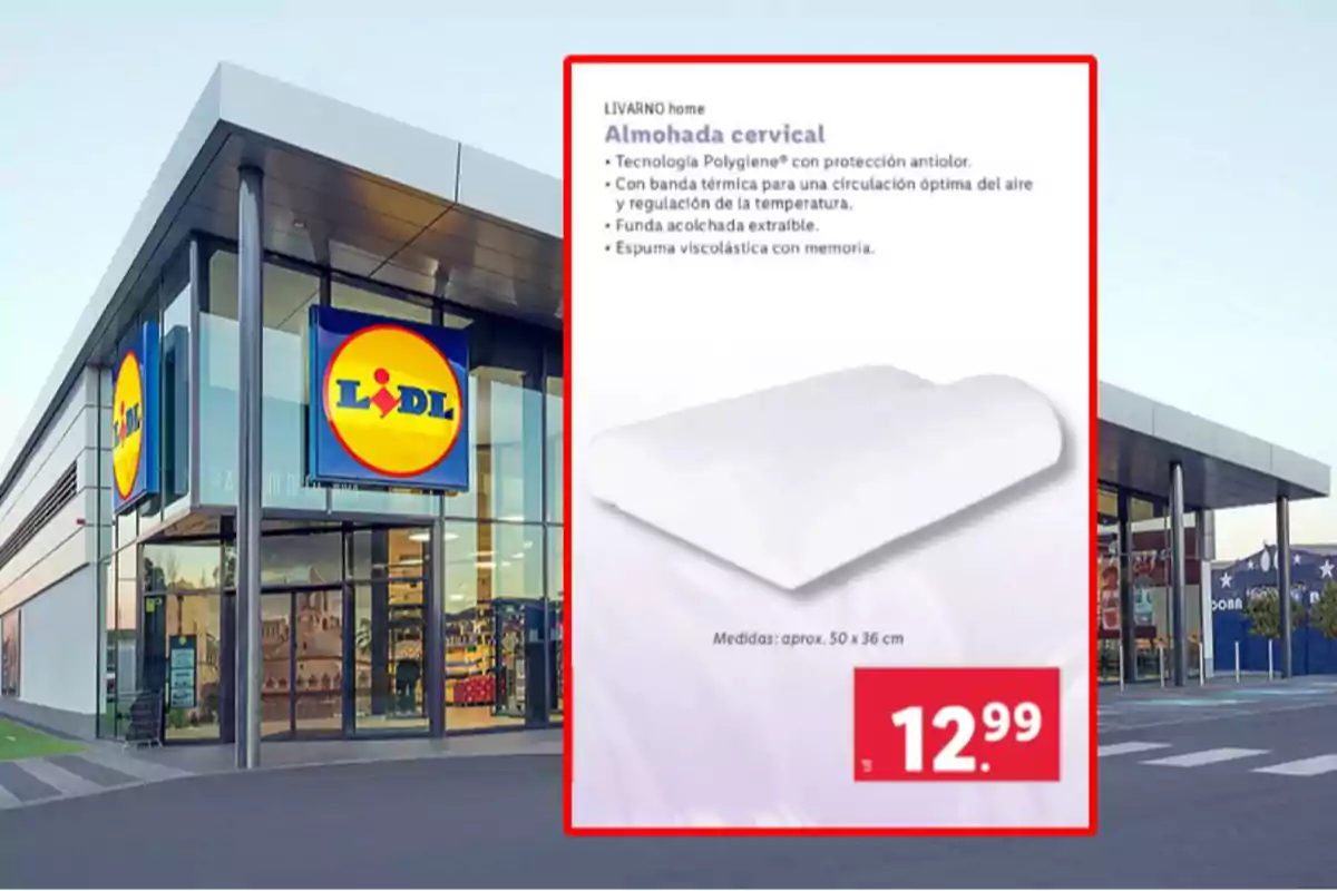 Imagen de una tienda Lidl con un anuncio de una almohada cervical Livarno Home, que destaca características como tecnología Polygiene, banda térmica, funda extraíble y espuma viscoelástica, con un precio de 12.99 euros. Imagen de una tienda Lidl con un anuncio de una almohada cervical Livarno Home, que destaca características como tecnología Polygiene, banda térmica, funda extraíble y espuma viscoelástica, con un precio de 12.99 euros.