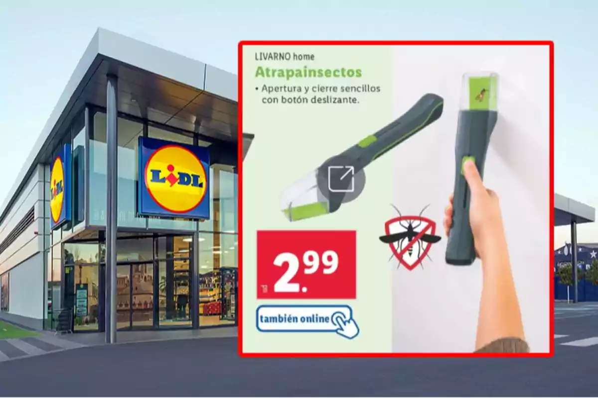 La imagen muestra una tienda Lidl con un cartel promocional de un atrapainsectos de la marca LIVARNO home, que tiene un diseño con botón deslizante para apertura y cierre, y se ofrece a un precio de 2.99 euros, disponible también online. La imagen muestra una tienda Lidl con un cartel promocional de un atrapainsectos de la marca LIVARNO home, que tiene un diseño con botón deslizante para apertura y cierre, y se ofrece a un precio de 2.99 euros, disponible también online.