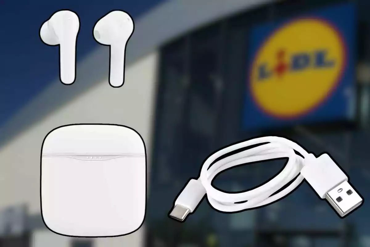 Auriculares inalámbricos blancos con estuche de carga y cable USB frente a una tienda Lidl. Auriculares inalámbricos blancos con estuche de carga y cable USB frente a una tienda Lidl.