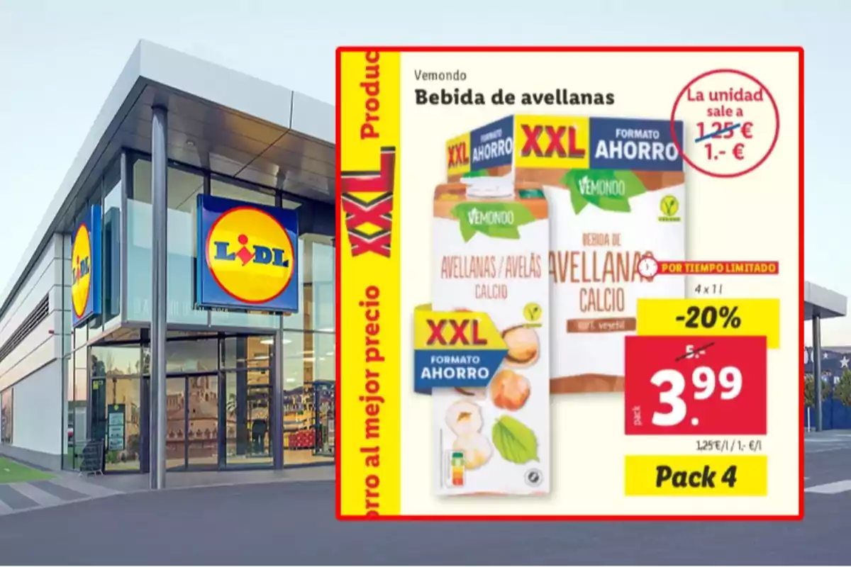 Imagen de una tienda Lidl con un anuncio de bebida de avellanas Vemondo en formato ahorro XXL, destacando un descuento del 20% y un precio de 3,99 euros por un pack de cuatro unidades. Imagen de una tienda Lidl con un anuncio de bebida de avellanas Vemondo en formato ahorro XXL, destacando un descuento del 20% y un precio de 3,99 euros por un pack de cuatro unidades.