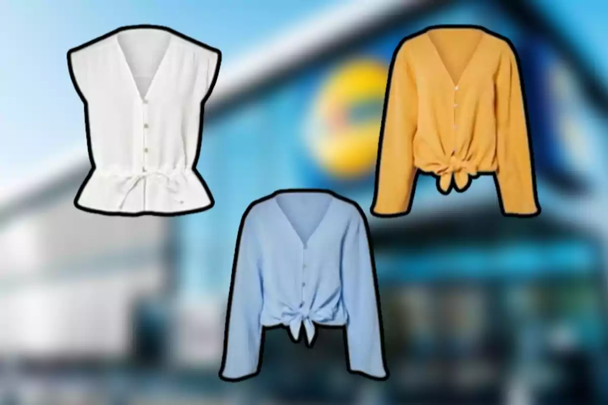 Tres blusas de diferentes colores blanco azul y mostaza sobre un fondo desenfocado de una tienda Tres blusas de diferentes colores blanco azul y mostaza sobre un fondo desenfocado de una tienda