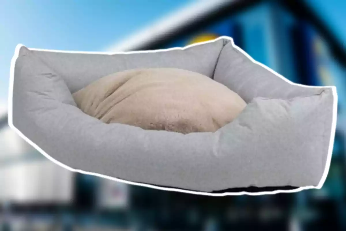 Cama gris para mascotas con cojín beige en el centro. Cama gris para mascotas con cojín beige en el centro.