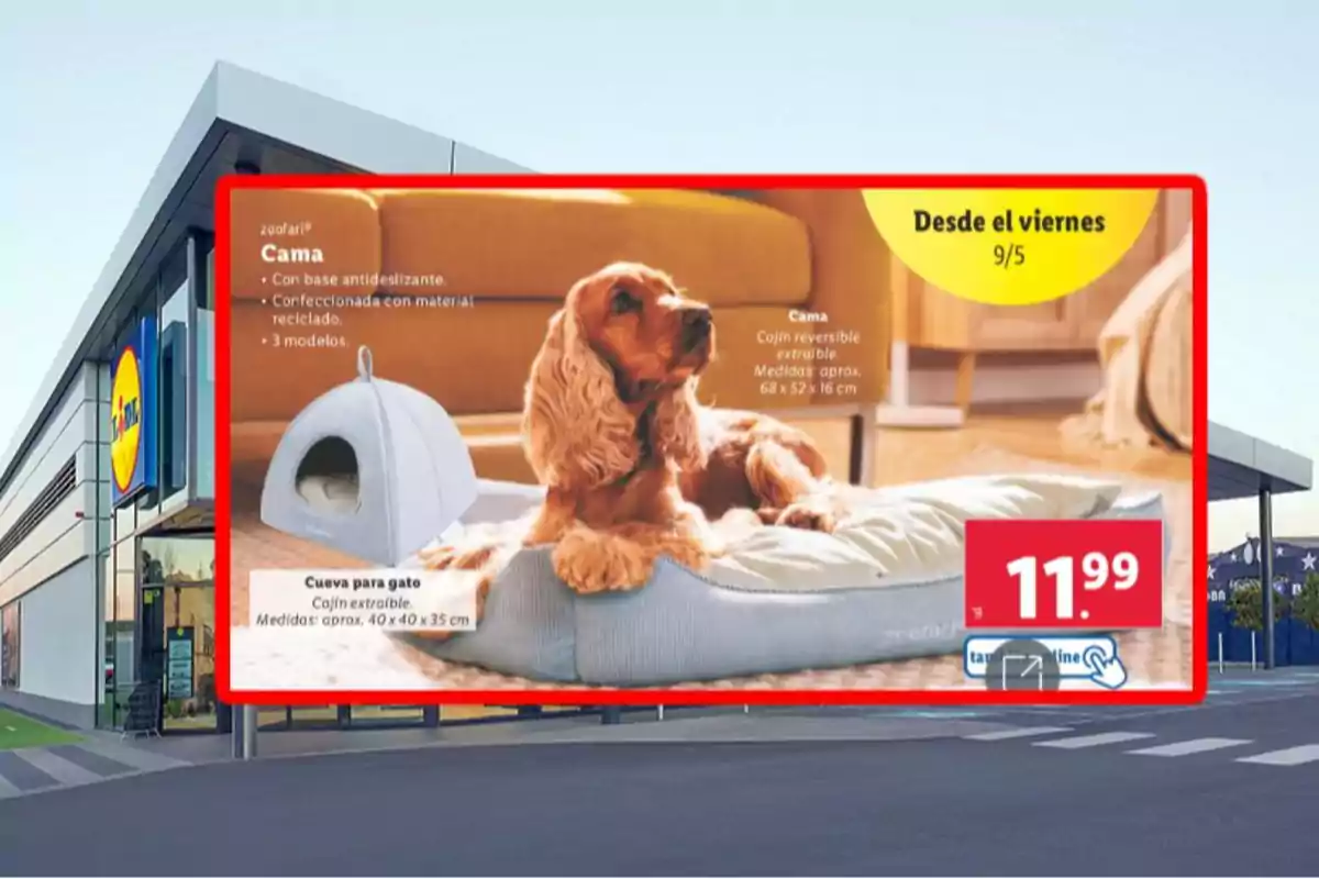 Un cartel publicitario de una tienda muestra una cama para perros con un perro acostado sobre ella y una cueva para gatos, destacando características como base antideslizante y material reciclado, con un precio de 11,99 euros y disponibilidad desde el 9 de mayo. Un cartel publicitario de una tienda muestra una cama para perros con un perro acostado sobre ella y una cueva para gatos, destacando características como base antideslizante y material reciclado, con un precio de 11,99 euros y disponibilidad desde el 9 de mayo.