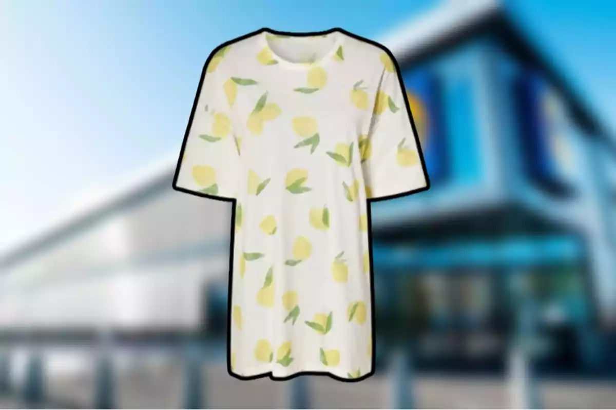 Camiseta blanca con estampado de limones amarillos y hojas verdes sobre un fondo desenfocado de un edificio moderno. Camiseta blanca con estampado de limones amarillos y hojas verdes sobre un fondo desenfocado de un edificio moderno.