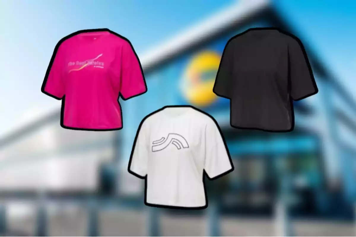 Tres camisetas de diferentes colores (rosa, blanca y negra) con diseños variados, sobre un fondo desenfocado de un edificio. Tres camisetas de diferentes colores (rosa, blanca y negra) con diseños variados, sobre un fondo desenfocado de un edificio.