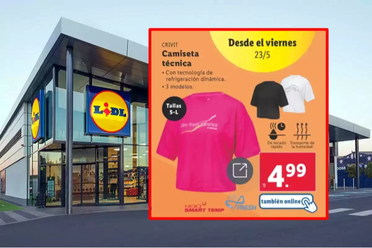 Una tienda de Lidl con un cartel promocional de camisetas técnicas que estarán disponibles desde el viernes 23 de mayo a un precio de 4.99 euros. Una tienda de Lidl con un cartel promocional de camisetas técnicas que estarán disponibles desde el viernes 23 de mayo a un precio de 4.99 euros.