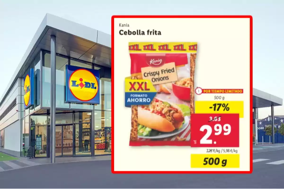 Imagen de una tienda Lidl con un anuncio de cebolla frita Kania en formato XXL, mostrando un descuento del 17% y un precio de 2,99 euros por 500 gramos. Imagen de una tienda Lidl con un anuncio de cebolla frita Kania en formato XXL, mostrando un descuento del 17% y un precio de 2,99 euros por 500 gramos.