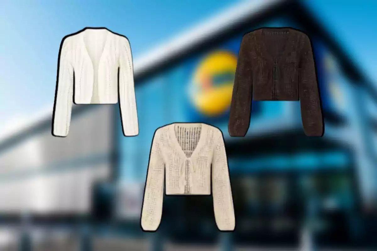 Tres cárdigans de diferentes colores se muestran sobre un fondo desenfocado de una tienda. Tres cárdigans de diferentes colores se muestran sobre un fondo desenfocado de una tienda.
