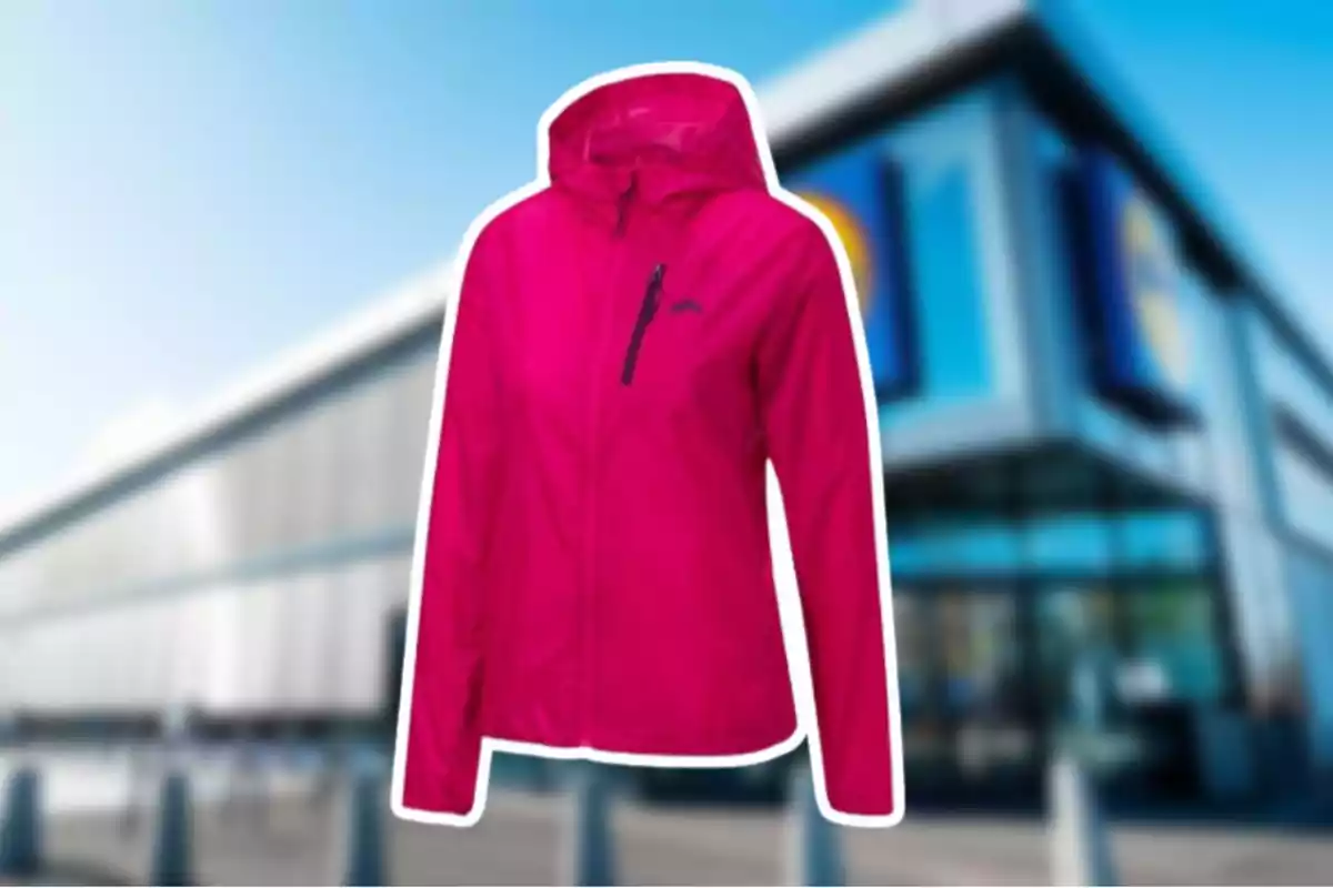 Una chaqueta rosa con capucha frente a un edificio moderno. Una chaqueta rosa con capucha frente a un edificio moderno.